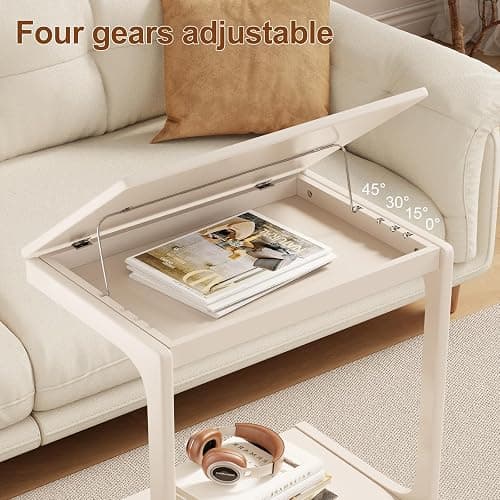 AQIMUELE Wooden C-Shaped End Table,Couch Table with Adjustable Desktop,Small Rolling Side Table with 2 Lockable Wheels 23.36" Width,Small End Table for Couch, Living Room,Bedroom (White) - 15.6"D x 23.6"W x 24.8"H - Modern 2 Tier - White thumbnail 3