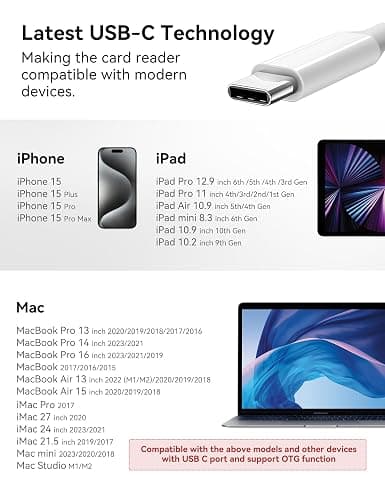 OPxjzws SD Card Reader, USB C to Micro SD/TF/CF Memory Card Reader, 4 in 1 USB Type C Camera Adapter for iPhone 15, iPad Pro, MacBook, Supports Memory Card SD/Micro SD/TF/Compact Flash thumbnail 7