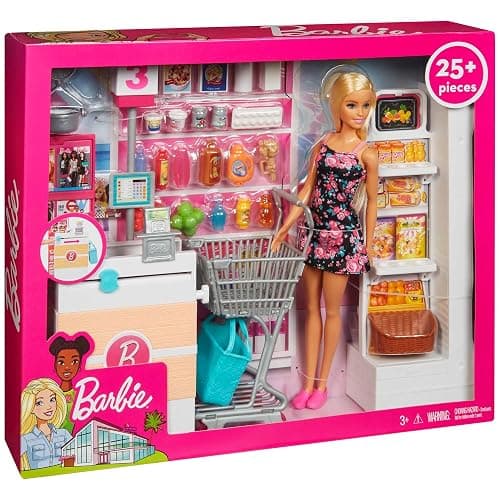 Barbie Doll, Blonde, and Grocery Store with Rolling Cart and Working Belt thumbnail 8