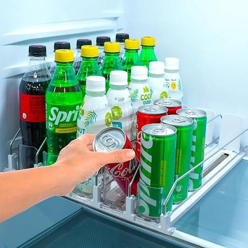 Upgraded Premium Drink Organizer for Fridge. Ultra Space Saving Drink Dispenser for Refrigerator with Larger Stopper Height and Automatic Pusher with Locking Feature. Holds 25 Cans (5 Rows, White) - Image 1