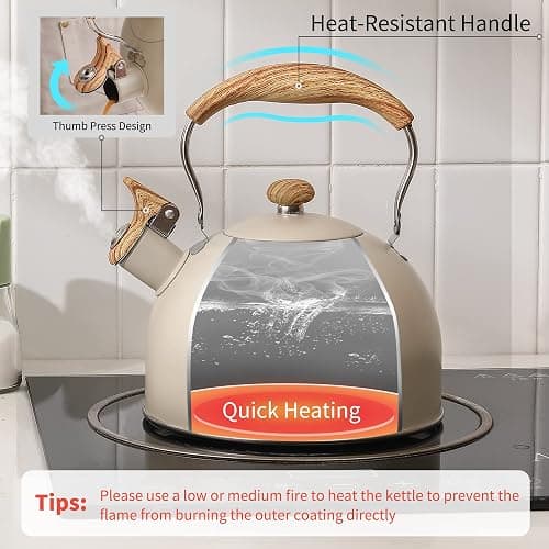 LONFFERY Tea Kettle for Stove Top, 2.5 Quart Whistling Tea Kettle, with Food Grade Stainless Steel and Wood Pattern Folding Handle, Creamy White thumbnail 4