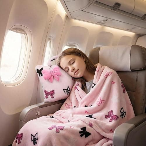 VigorSpring 3-in-1 Kids Travel Blanket and Pillow Set, 40x60 Inch Pink Bow Blanket for Girls,Compact Set with Bow Keychain, Ideal Birthday Travel Essential thumbnail 5