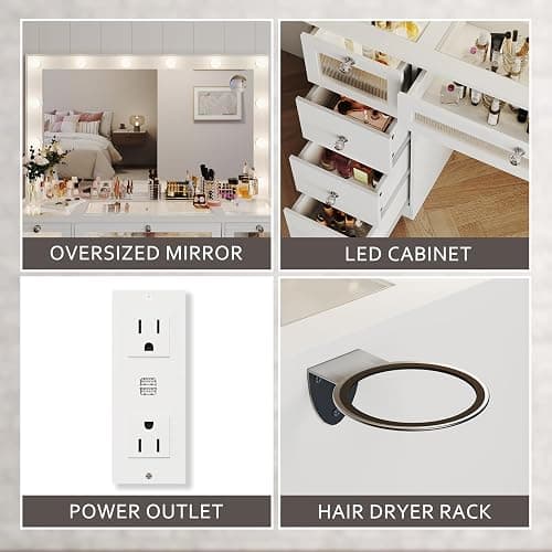 IFSEB Makeup Vanity Desk with Lights and Large 36.9’’ Mirror, 9 Drawers Light Up Vanity with 3 Color Hollywood Bulbs, Glass Top Make Up Table with Charging Station & Crystal Knobs for Woman, White thumbnail 5