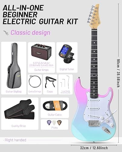 Leo Jaymz Beginner Electric Guitar 39” Kit with Portable Amplifier, Padded Gig Bag, Digital Tuner，Capo，Strap，Picks，Classic SSS Pickups(Pink-Cyan Fade-SSS) thumbnail 2