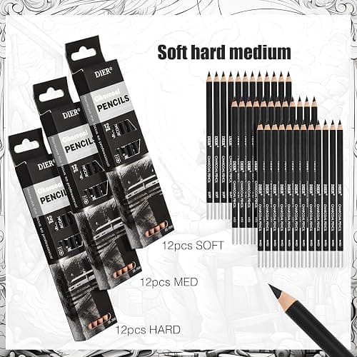 Geyoga 36 Pcs Professional Charcoal Pencils Bulk Classroom Set Soft, Medium and Hard for Drawing Charcoal Pencils for Sketching Shading Drawing Blending Portrait(Black,Assorted) thumbnail 3