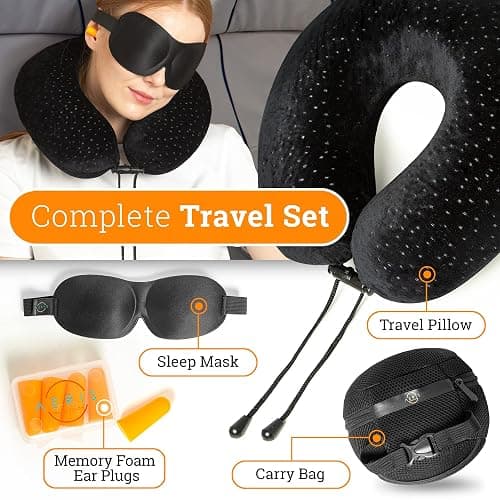 Aeris Memory Foam Travel Pillow for Airplanes - Best Airplane Neck Pillow for Long Flights - Plane Accessories Carry Bag to Save Space, Ear Plugs and Eye Mask - Perfect Flight Set & Gift thumbnail 5