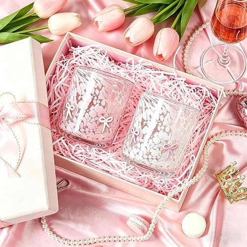 YinNorth 2 Pcs Bow Icon Juice Glass 14oz Coquette Pink White Bow Drinking Cocktails Glasses Cute Stemless Wine Glasses Handblown Old Fashioned Cups Best Gift for Her Mom Sister Friend Birthday Party thumbnail 2