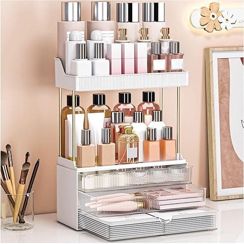 caktraie Bathroom Organizers and Storage - 3 Drawers 2 Tier Makeup Organizer, Cosmetic Storage Drawer for Dresser Countertop and Bathroom Vanity for Large Skincare, Perfume, Clear