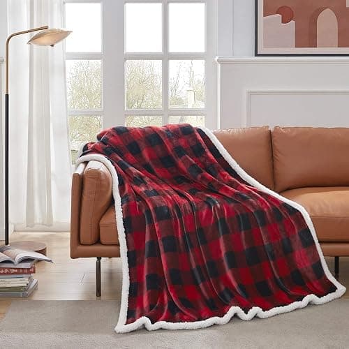 Touchat Sherpa Red and Black Buffalo Plaid Christmas Twin Blanket 60" X 70", Fuzzy Fluffy Soft Cozy Throw Blanket, Fleece Flannel Plush Microfiber Blanket for Couch Bed Sofa thumbnail 6