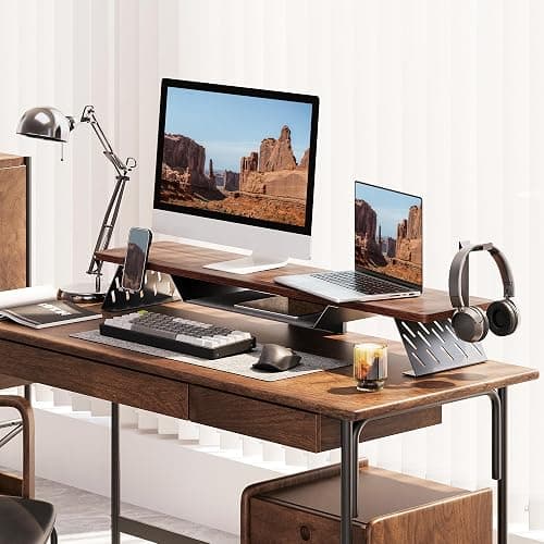 Fenge Dual Monitor Stand, Wooden Desk Shelf with Headphone & Phone Holder | 42.5" Monitor Riser with Storage Shelf, 2-Tier Monitor Shelf with Metal Leg for Home Office Organizer, Brown thumbnail 2