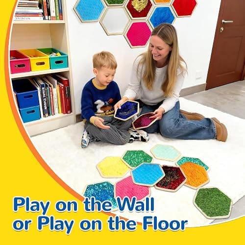 LILXIU 16 PCS Sensory Wall Panel with 9 Wooden Frame Replaceable Flip Sequin Board Textured Sensory Mats for Wall and Floor Early Learning Fidgeting Activity thumbnail 3