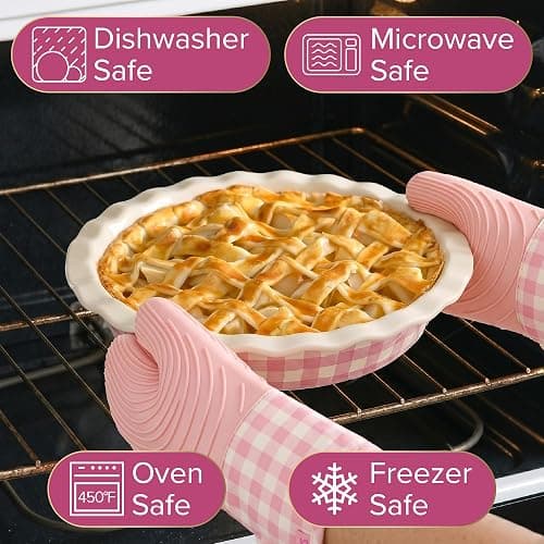 Paris Hilton Ceramic Pie Dish Set, 7-Inch and 9-Inch Stoneware Baking Dishes with Fluted Rim and Gingham Design, Oven Safe up to 450°F, 2-Piece, Pink thumbnail 4