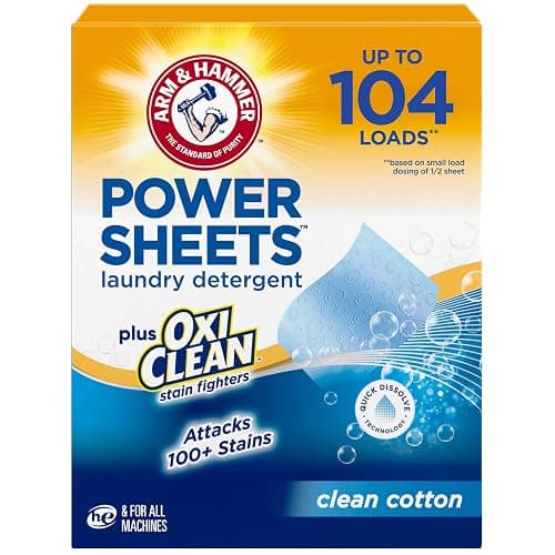 ARM & HAMMER Plus OxiClean Power Sheets Laundry Detergent, 52 Count | Attacks 100+ Stains, Effective Cleaning Power Sheet, 104 Medium Loads, Clean Cotton Scent - Image 1