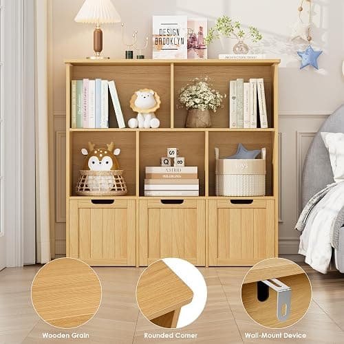 FOTOSOK Toy Storage Organizer with 3 Movable Drawers, Floor Storage Cabinet Toy Chest with Hidden Wheels and 5 Storage Cubbies, Multifunctional Storage Chest for Playroom, Natural thumbnail 5