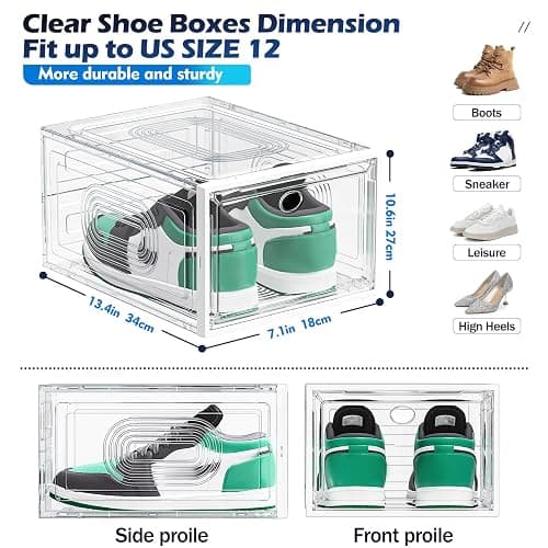 8 Pack Thicken & Clear Shoe Boxes Organizer with Magnetic Door, Stackable Storage Boxes for Shoes, Boot, Sneaker - Harder Plastic Shoe Storage Stackable Shoe Boxes for Closet Shoes Wall, White - White - 8 Pack thumbnail 3