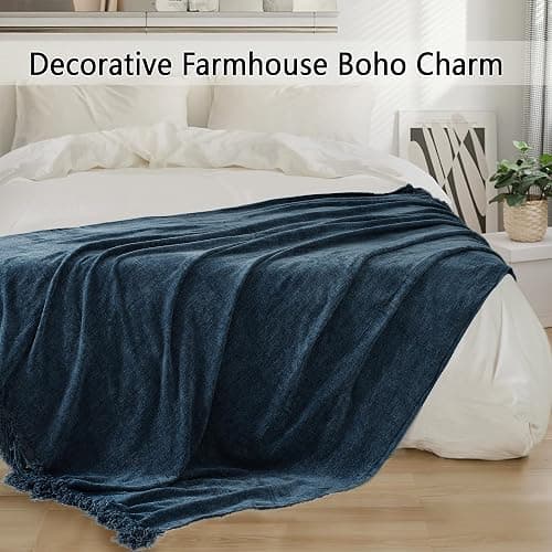 LONG CREATE Chenille Throw Blanket for Couch 50"X 60", Soft Cozy Throws with Fringe Tassel for Bed Sofa Chair Cover, Lightweight Knitted Decorative Boho Blankets for Living Room, Navy Blue thumbnail 7