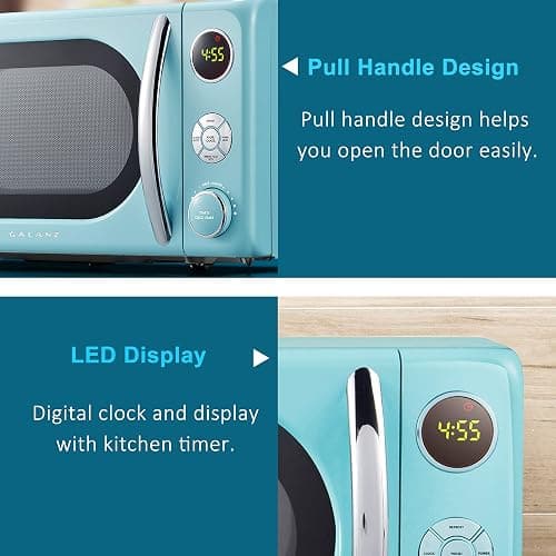 Galanz GLCMKA07BER-07 Retro Microwave Oven, LED Lighting, Pull Handle Design, Child Lock, Bebop Blue, 0.7 cu ft thumbnail 7