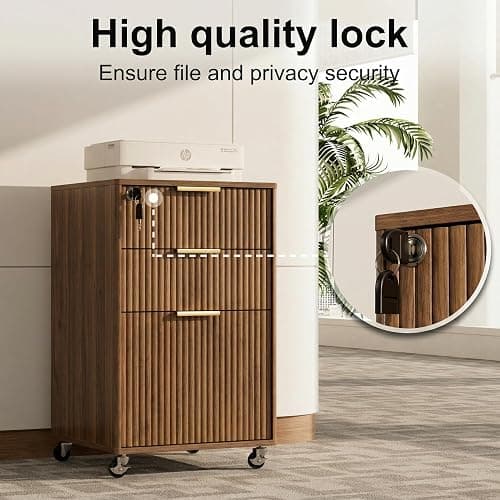 INNOD 3 Drawer Fluted Mobile File Cabinet with Lock, Rolling File Cabinet, Under Desk Wooden Filing Cabinets for Home Office (Walnut) thumbnail 5