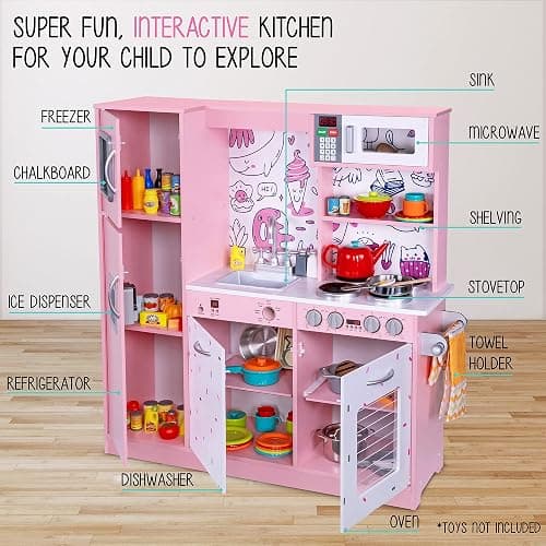 Lil' Jumbl Kids Kitchen Set, Pretend Wooden Play Kitchen, Battery Operated Icemaker & Microwave with Realistic Sound, Pots & Pan Included - Pink - Regular - Pink 2 thumbnail 3