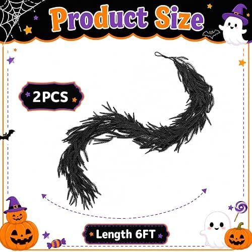 2 Pcs 12ft Black Halloween Norfolk Pine Garland, Realistic Gothic Faux Garland Mantle Decoration, Black Artificial Hanging Vine Twigs for Door Fireplace Mantle Stairs Holiday Home Party Decoration thumbnail 3