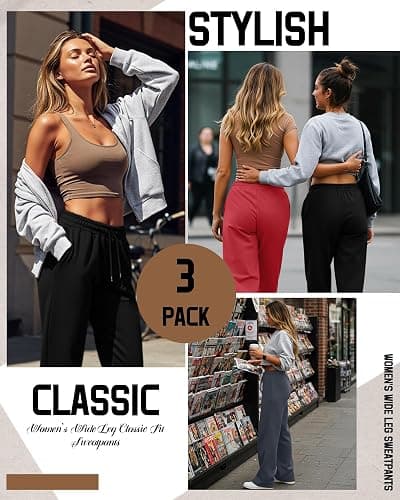 Neer 3 Pack Women's Sweatpants with Pockets, High Waisted Casual Yoga Pants Cozy Lounge Drawstring Loose Wide Leg Jogger thumbnail 4