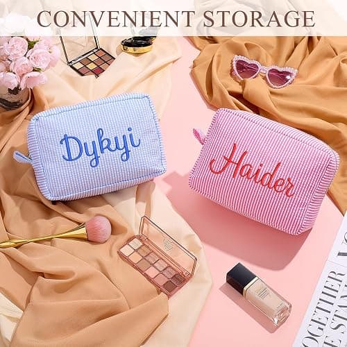 Personalized Cosmetic Bag with Name, Cute Custom Makeup Bags for Women Girls Seersucker Bridesmaid Travel Bag, Organizer Storage Pouch, Cute Pattern, Available to Match Travel Bags thumbnail 2