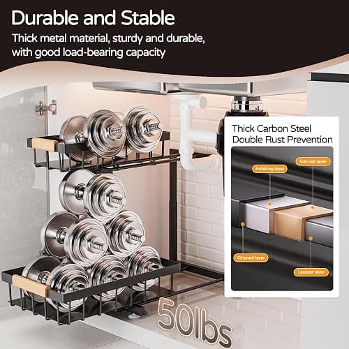 ADBIU Under Sink Organizer, 2 Pack 2 Tier Expandable Height (13.2" - 17.2") Pulling Out Kitchen Bathroom Cabinet Organizers thumbnail 7
