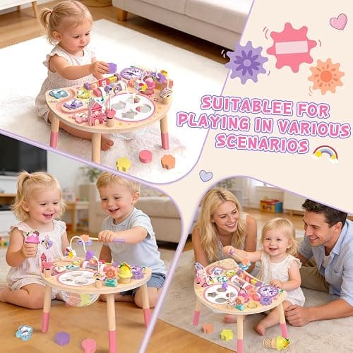 Hewaurorion Wooden Activity Table for Toddlers 1-3, Unicorn 10-in-1 Montessori Busy Board with Bead Maze Shape Matching Gears Clock, Sensory Learning Toys for 1 2 3 Year Old Girls Boys Birthday Gift thumbnail 6