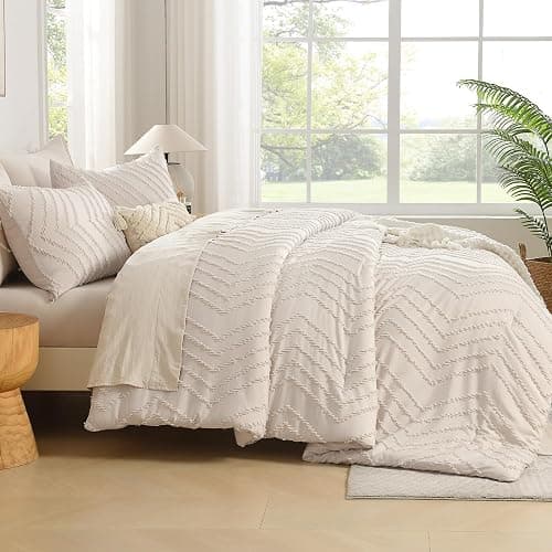 Andency Comforter Full Size Set, Beige Boho Cream Soft Warm Tufted Neutral Bedding Comforter Sets for Full Size Bed, 3 Pieces Aesthetic Chevron Farmhouse Cute Bohemian Textured Bedding Set thumbnail 6