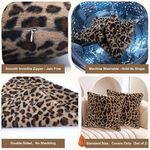 Hilldesign Cheetah Print Faux Fur Pillow Covers 18x18，Leopard Pillow Cases Set of 2 Room Decor，Animal Print Throw Pillow Covers Decorative for Bedroom Sofa Couch Home thumbnail 4