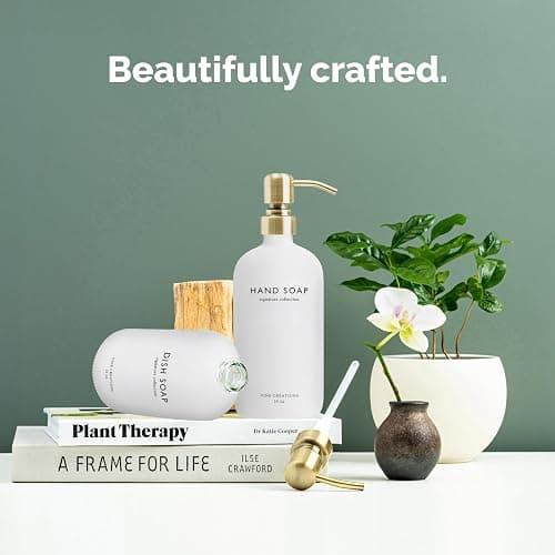 Vine Creations White Glass Soap Dispenser Set, Dish Soap and Hand Soap Dispenser Set with Stainless Steel Pump, 16 oz Glass Dispensers for Kitchen or Bathroom Decor (Matte White Bottle/Brushed Brass) thumbnail 2
