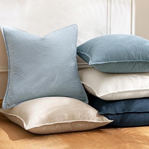 Woaboy 24x24 Inch Set of 2 Decorative Linen Solid Throw Pillow Covers Boho Accent Farmhouse Couch Pillowcases Modern Netural Euro Home Decor for Couch Sofa Living Room Bed,Light Blue thumbnail 3