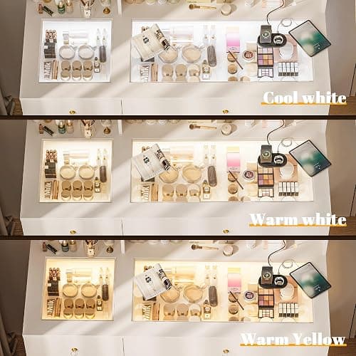 INNOD 40" Vanity Desk with Large Mirror and Lights, Modern Glass Top Makeup Vanity Set with Power Outlet, Drawers and Cabinet, 3 Lighting Color Adjustable Dressing Table for Bedroom,White thumbnail 8