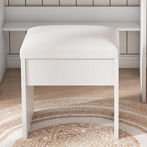 Small Vanity Desk with Mirror and Lights, Makeup Vanity Table with Power Outlet & Drawers & Shelves & Stool, Dressing Table Set for Bedroom, Adjustable Bulb Brightness Mini Vanity Set thumbnail 8