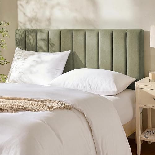 Hearth & Harbor Upholstered Full Headboard - Easy Assemble Channel Stitched Headboard Full Size - Wall Mounted Headboards with 3D Soundproof Wall Panels Peel & Stick Floating Headboards, Olive Green - Image 1