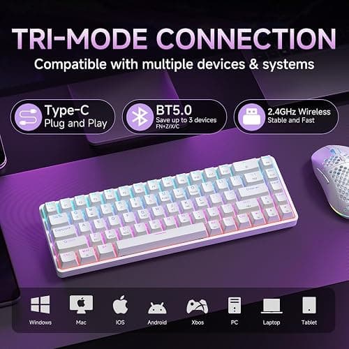 DIERYA DK68 Wireless Mechanical Keyboard, 60% Gaming Keyboard with Red Switch, Triple Mode 2.4GHz/USB-C/BT5.0, RGB Backlit, Anti-Ghosting Keys, 68 Keys Portable Mini Wired Office Keyboard-White thumbnail 2
