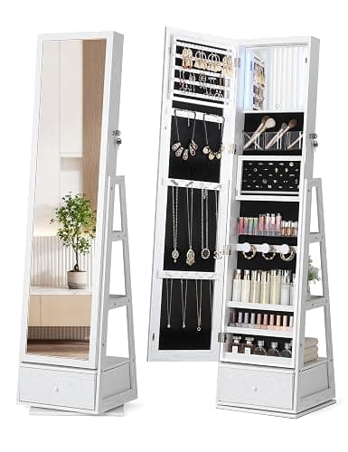 Nicetree 360°Swivel Mirror Jewelry Cabinet, LED Jewelry Cabinet Armoire, Standing Jewelry Mirror Organizer with Storage, Rear Shelves, Interior Mirror, Drawer, Black Lining - Image 1