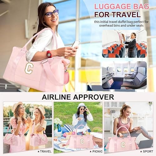 Birthday Gifts for Daughter,Initial Travel Duffel Bag for Teen Girls,Personalized Weekender Bag Cute Overnight Carry on Duffle Bags for Girl Women Gifts with Adjustable Strap(pink-C) - pink-chenille - letter-C thumbnail 4