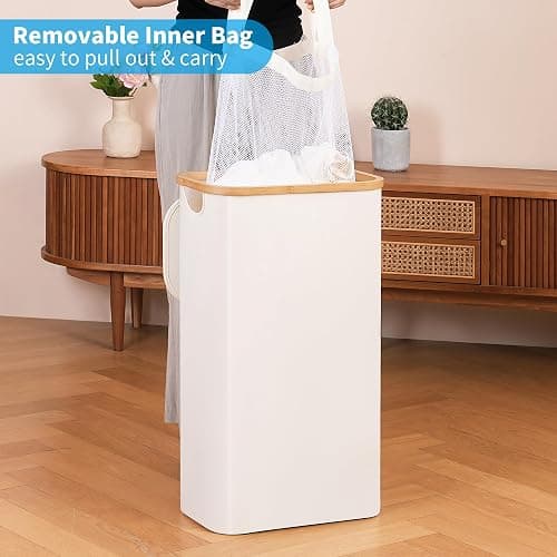efluky Slim Laundry Basket with Lid, Narrow Laundry Hamper with Removable Bag, Skinny Dirty Clothes Basket with Bamboo Handles for Bathroom, Bedroom & Laundry Room, 63L Beige thumbnail 5