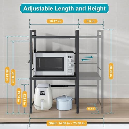 DOLALIKE Expandable Microwave Rack, Countertop Kitchen Utensils Tableware Storage, Carbon Steel 3 Tier Shelf with 3 Hooks thumbnail 3