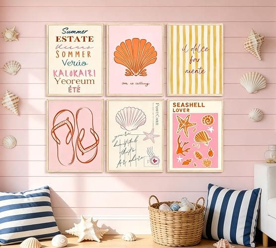 6 Pcs Coastal Style Poster Wall Art,Pink Orange Preppy Style Painting Picture Wall Decor,Beach Seashell and Starfish Canvas Print Artwork,for Bathroom Girl Room Dormitory Home Decoration Unframed thumbnail 7