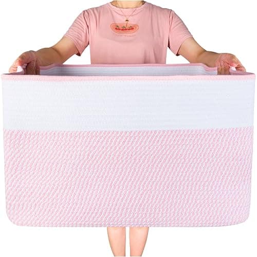 MINTWOOD Design 22in Extra Large Blanket Basket Holder Living Room, Rectangle Rope Woven Storage Basket with Handles for Laundry, Pool Towels, and Shoes, Dog Toy Organizer Bin Box, Light Pink - Image 1