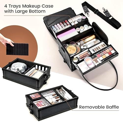 Costravio 5 in 1 Rolling Makeup Case Transformable Train Case, Black Vegan Leather Cosmetology Case on Wheels, Travel Cosmetic Storage Cases for for Hairstylist Artist Nail Beauty Salon Barber thumbnail 3