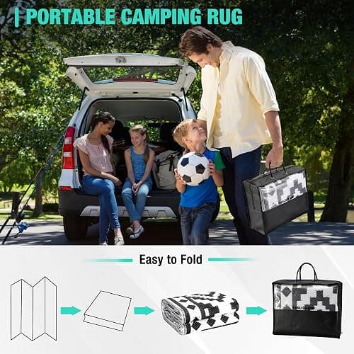 HAUSHOF 5'X8' Outdoor Rug Waterproof with LED Strip Light, Reversible Outdoor Plastic Straw Rug, Patio Rug with 4 Rug Stakes, Outdoor Carpet Mat for RV, Camping, Beach, Porch, Balcony, Black&White thumbnail 6