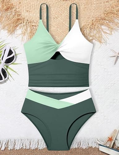 Doumlop Girls Swimsuit Color Block Girls Bathing Suit Twist Tankini Set Two Piece Girl Swimwear Bikini Set for 9-16 Years thumbnail 5