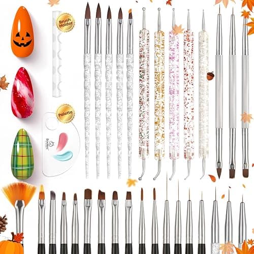 Beetles 31pcs Nail Art Brushes, Dotting Tools, Nail Art Pens, Dust Brush, Striping Liner Fingernail Drawing Pens with Palette Holder All in One for Starter Manicure Design Set thumbnail 8