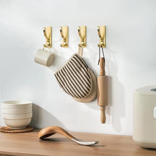 Adhesive Wall Hooks for Towels Coats - Stick On Hooks Hanging Heavy Duty (13lb), Metal Hook for Door, Bathroom, Dorm, Closet - Hanger for Purse, Bag, Robe,Backpack - No Damage to Wall - Gold 6 Pack thumbnail 8