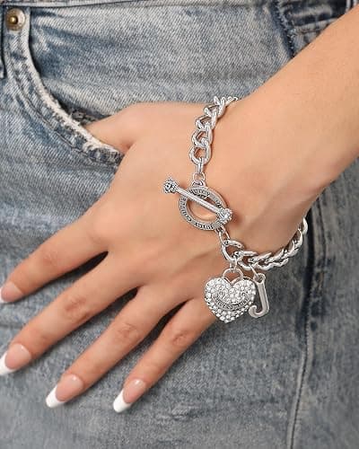 Juicy Couture Bracelets for Women 7-7.5", Heart Charm Bracelets | Silver or Gold-Tone, Lobster Clasp or Toggle Closure, Dangle Heart Charm or Pendant, Sparkly Clear Stones thumbnail 3