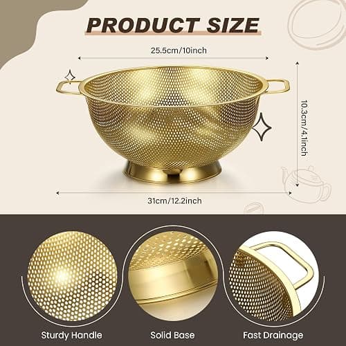 Norme 4 Quart Stainless Steel Gold Colander and 3 Pcs Gold Fine Mesh Strainer, Stainless Steel Pasta Rice Food Metal Strainer with Handles, Easy Clean and Dishwasher Safe thumbnail 3