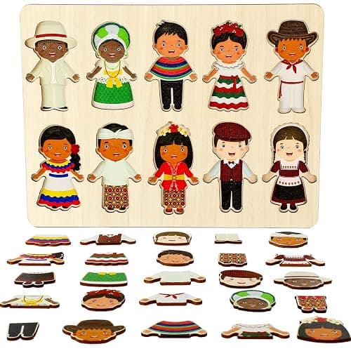 Kathfly Wooden Multicultural Doll Puzzles for Kids Interchangeable Dress Up Diversity Wood Peg Puzzles for Preschool World thumbnail 4